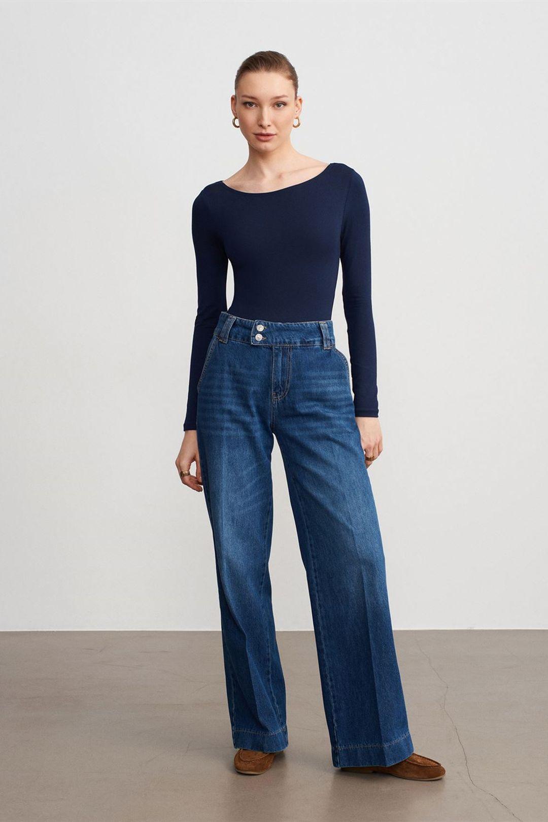 Hoch Taillenweite Bein Baumwoll-Denim-Jeans
