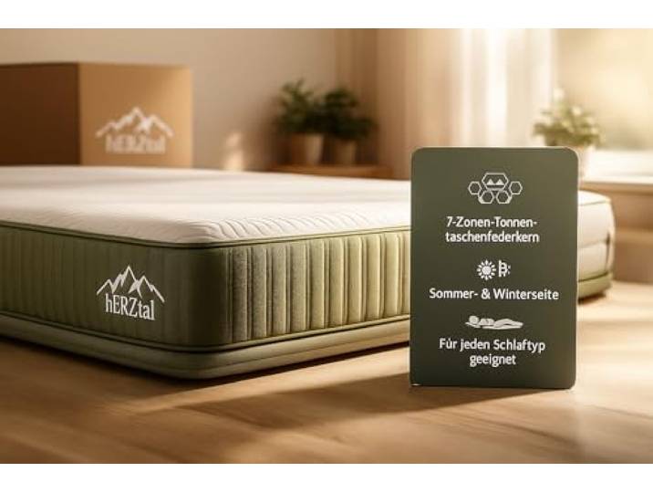 hERZtal 7-Zonen Taschenfederkernmatratze 180x200 cm – 18 cm hoch, All in One, punktelastisch & atmungsaktiv, Sommer-/Winterseite, Bezug abnehmbar & 60 °C waschbar, Zertifiziert