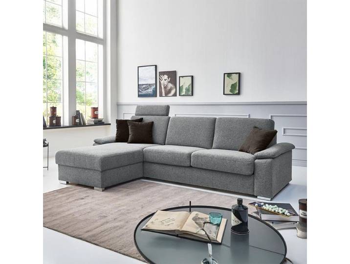 Eck-Schlafsofa Cesio Velours/Webstoff mit Lattenrost und Bettkasten Ottomane links Kunstfaser 86x326x178cm Hellgrau klappbar modern