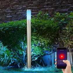 Aussenlampe mit Steckdosen Außensteckdose mit Licht Garten Aussensteckdose Edelstahl, App Steuerung dimmbar, 1x Smart RGB LED 5W 2700-6400K, DxH 7,6x110 cm
