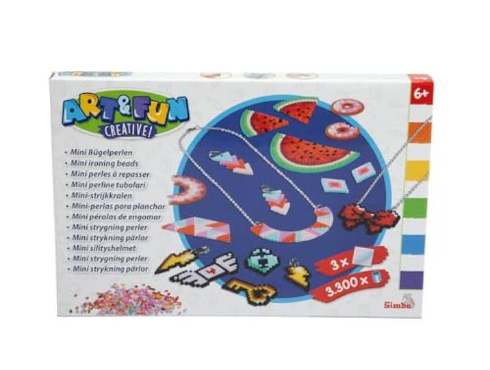 Simba Art und Fun Mini Bügelperlen Halskette und Ohrring, 3.300 Perlen, 3 Steckplatten, Bügelpapier, 4x Ohrclip, 2x Kette, je 44cm, 10x Metallring, ab 6 Jahren