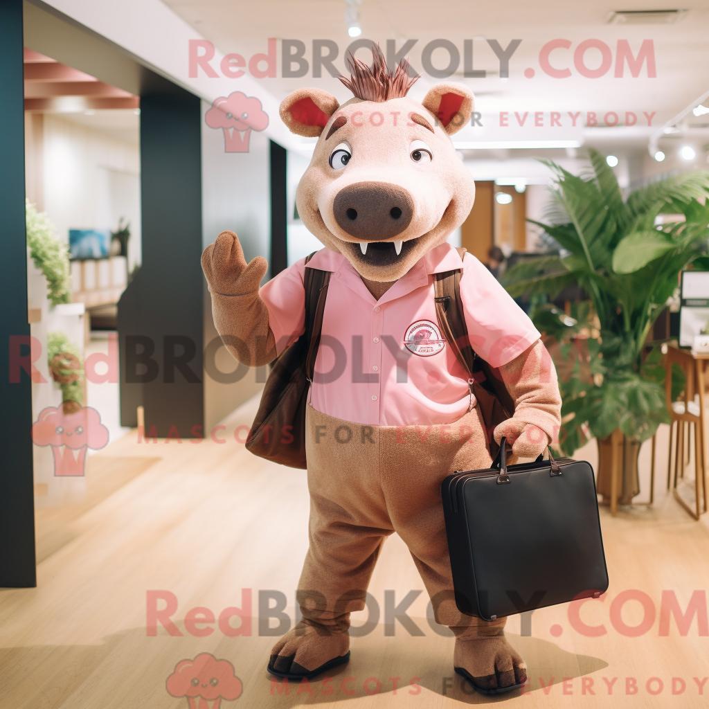 Maskottchen REDBROKOLY eines rosa Wildschweins mit Henley-Shirt und Aktentasche