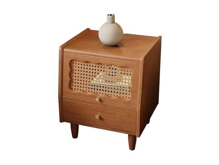 NWSJAXGCPVRT Kirschholz-Nachttisch mit 2 Türen, moderner Beistelltisch für Stabiler Massivholz-Schrank mit Rattan- oder Glastüren. Viel Stauraum(Cherry Wood Color+rattan Door)