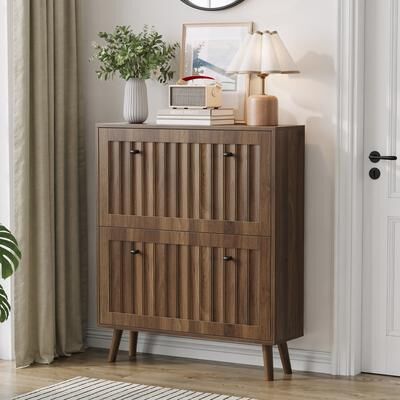 "Medieval-Style 31.5"" Shoe Cabinet with Tilt-Out Drawers, Vertical Grooved Design & Adjustable Shelves by GDFStudio"