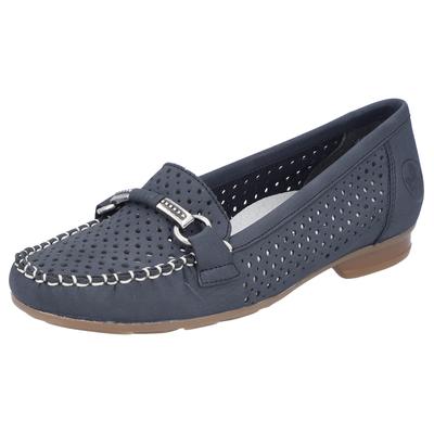 Mokassin RIEKER, Damen, Gr. 40, Synthetik, blau (dunkelblau), Nubuklederimitat, Schuhe Mokassin, Slipper, Sommerschuh mit toller Schmuckspange