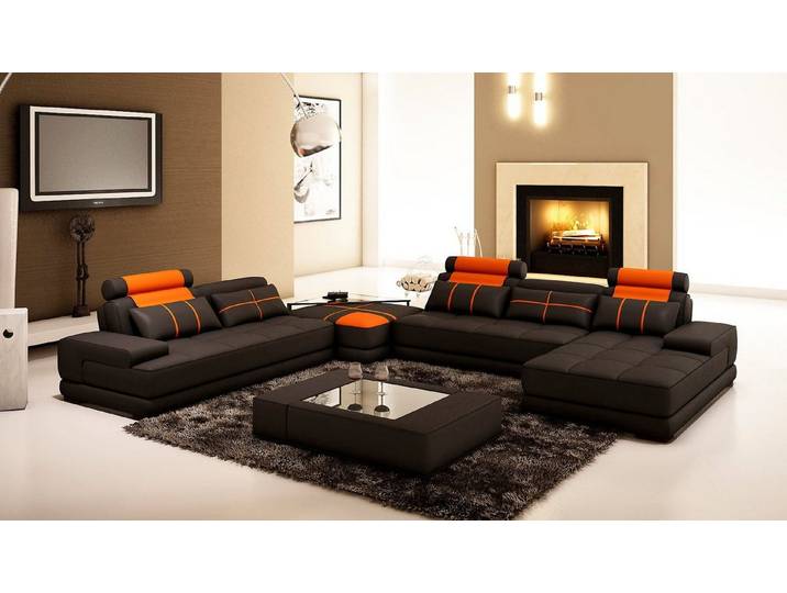 JVmoebel Wohnlandschaft Schwarze U-förmige Ledercouch mit verstellbaren Teilen und Kissen, Made in Europa