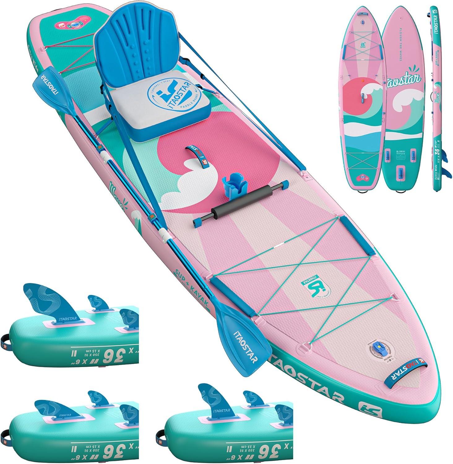 Ein vielseitiges SUP-Board für Anfänger mit Sitzgelegenheit und kompletten Zubehör in einer auffälligen Farbe