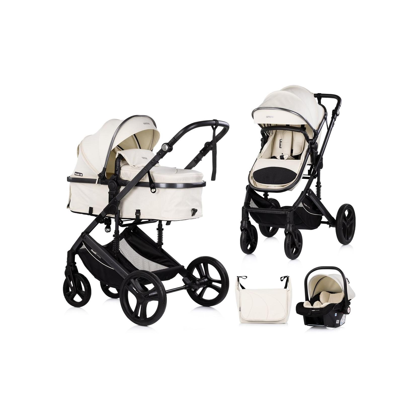 Chipolino Kinderwagen 3 in 1 Amore Babyschale Adapter Wickeltasche Fußabdeckung beige-schwarz