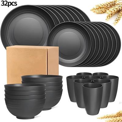 Inspired Finds 16 32 Piece Tableware Set Plates, Bowls & Cups For Home, Camping, Picnic & Family Gatherings 32 Piece Set Black