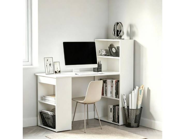 Bureau droit avec bibliothèque intégrée 3 niches et 2 étagères design moderne pour bureau blanc - UVRION