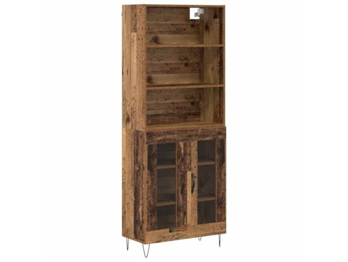 Fisinber Highboard 2-teilig Altholz-Optik 69,5x34x180 cm Schrank Mehrzweck-Schrankset in Altholz-Optik mit Glastüren und Eisenbeinen für Wohnzimmer und Essbereich mit reichlich Stauraum.