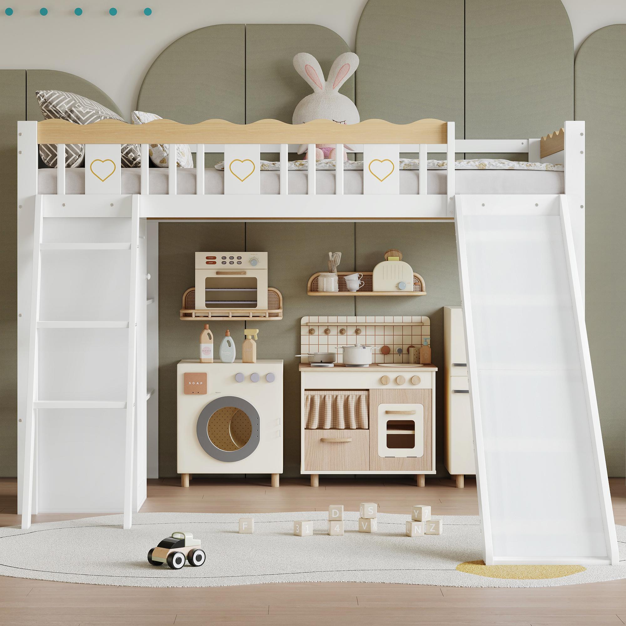 Merax Etagenbett Hochbett 90x200cm mit Rutsche, Kleiderschrank & Ablageschrank, Kinderbett mit Vierseitiger Zaun mit Exquisiten Mustern, Weiß+Natur