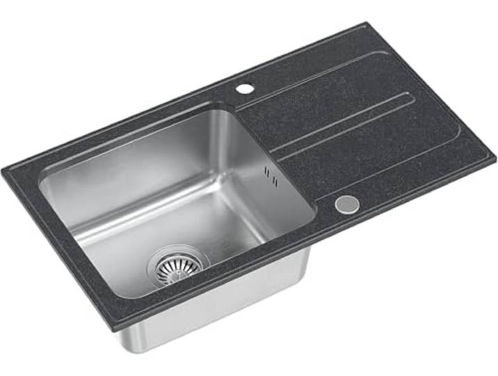 QUADRON Spülbecken Schwarz Größe 78 x 43 cm Edelstahlspüle RALPH 111 Einzelbecken Küchenspüle mit Stahlkammer Granit & Edelstahl mit Siphon und Schraubverschluss mit Abtropffläche