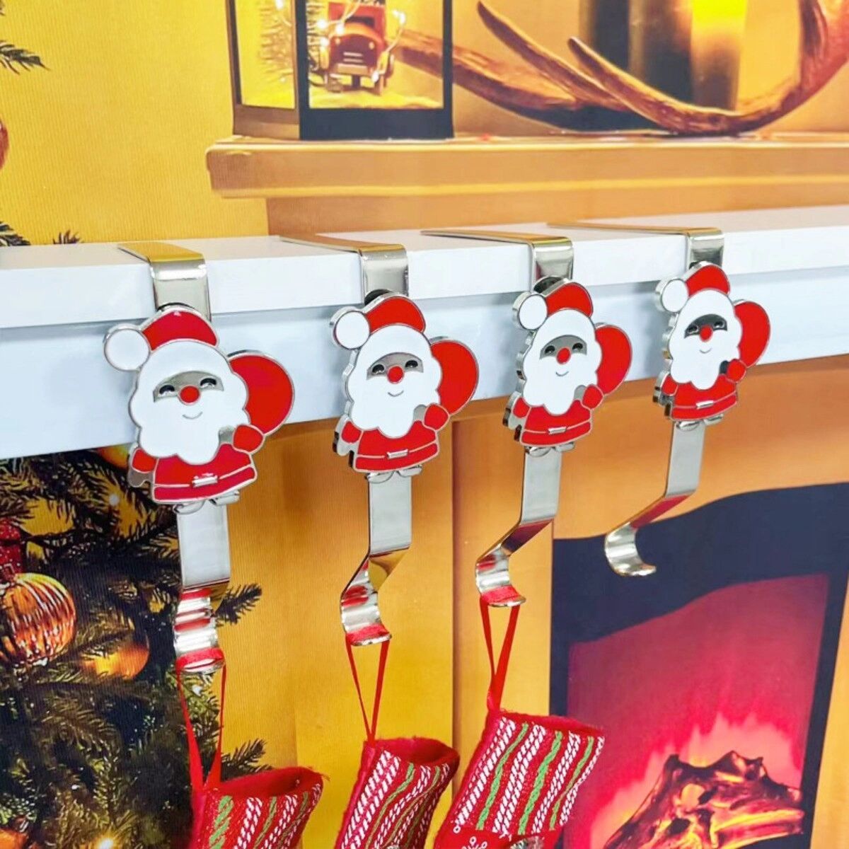 INF Weihnachtsmann-Kaminsims-Haken, 4-teilige Sockenhalter aus Legierung, L-förmiges Design ohne Bohren Silber