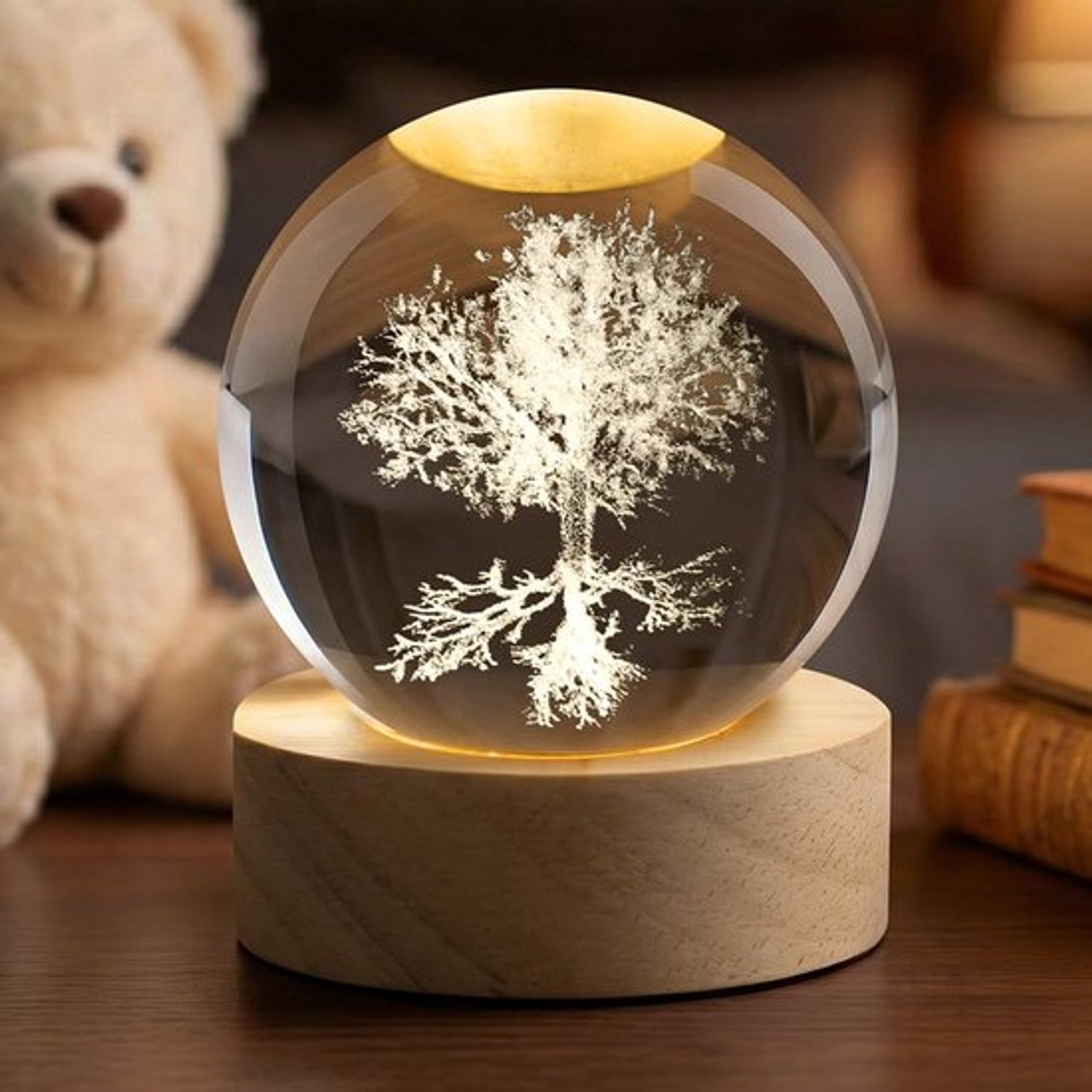 3D Kristallen Bol met Levensboom, Decoratieve Glazen Bol met Houten Voet en LED-verlichting, USB-tafellamp voor Huisdecoratie
