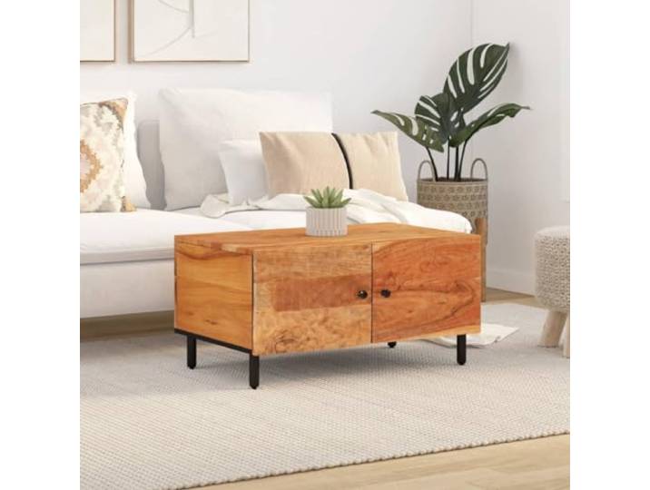 KTHLBRH Couchtisch 80 x 50 x 40 cm Massivholz Akazienholz Massives Akazienholz, stabile Tischplatte, großer Stauraum, bequeme Tür, Beine aus Eisen