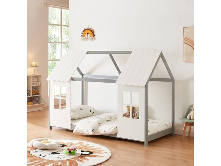 [en.casa] Kinderbett Tostedt Hausbett Jugendbett Bettenhaus Halboffenes Design Montessori Bett aus massiver Kiefer Bettgestell Holz 90x200cm Grau/Weiß