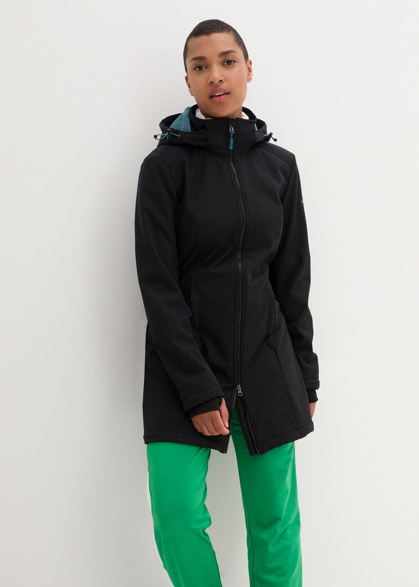 bonprix wasserabweisende Funktions-Softshell-Longjacke Kuschelfleece, schwarz, Gr.44, Lange Funktionsjacke mit kuscheligem Teddyfleece-Futter, aus Softshell