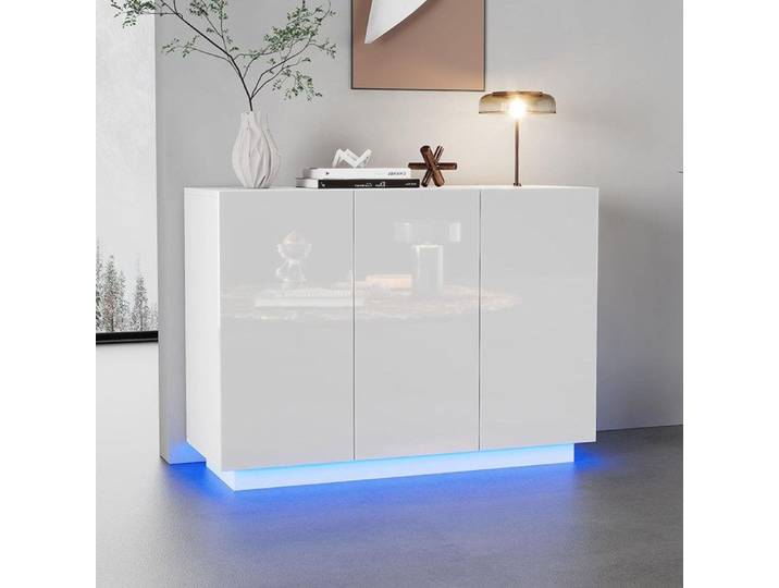 Armoire de salle à manger brillante Buffet avec LED commode Armoire - SWEIKO - Blanc 120x40x75CM