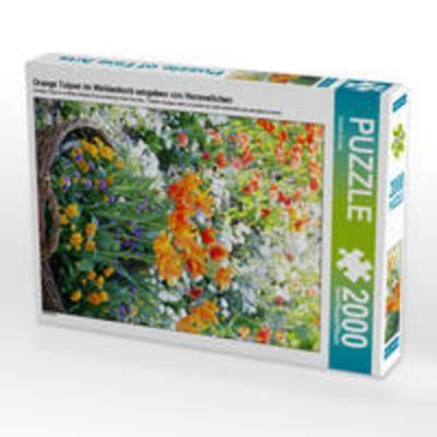 CALVENDO Puzzle Orange Tulpen im Weidenkorb umgeben von Hornveilchen | 2000 Teile Lege-Größe 90x67cm Foto-Puzzle für glückliche Stunden