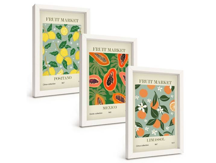 BILDER SET 3er Set - 20x30 cm Weißer Rahmen - Fruchtposter Zitronen Papayas