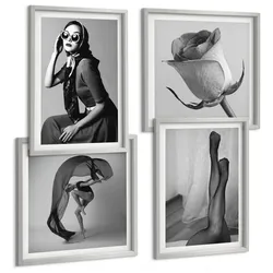 BILDER SET 4er Set - 50x50 cm & 40x60 cm Silberner Rahmen - Stilvolle Porträts eleganter Frauen