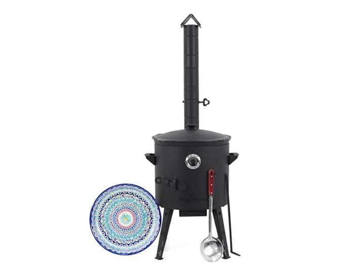 Utschak Feuerofen Ø 40cm & Gusseisen Kasan 12L runder Boden + Lagan Kazan-Set mit Gulaschkanone mit Deckel, Usbekischer Dutch Oven Kochtopf für Plov, Schaumlöffel 48 cm, Rischtan Keramik Teller
