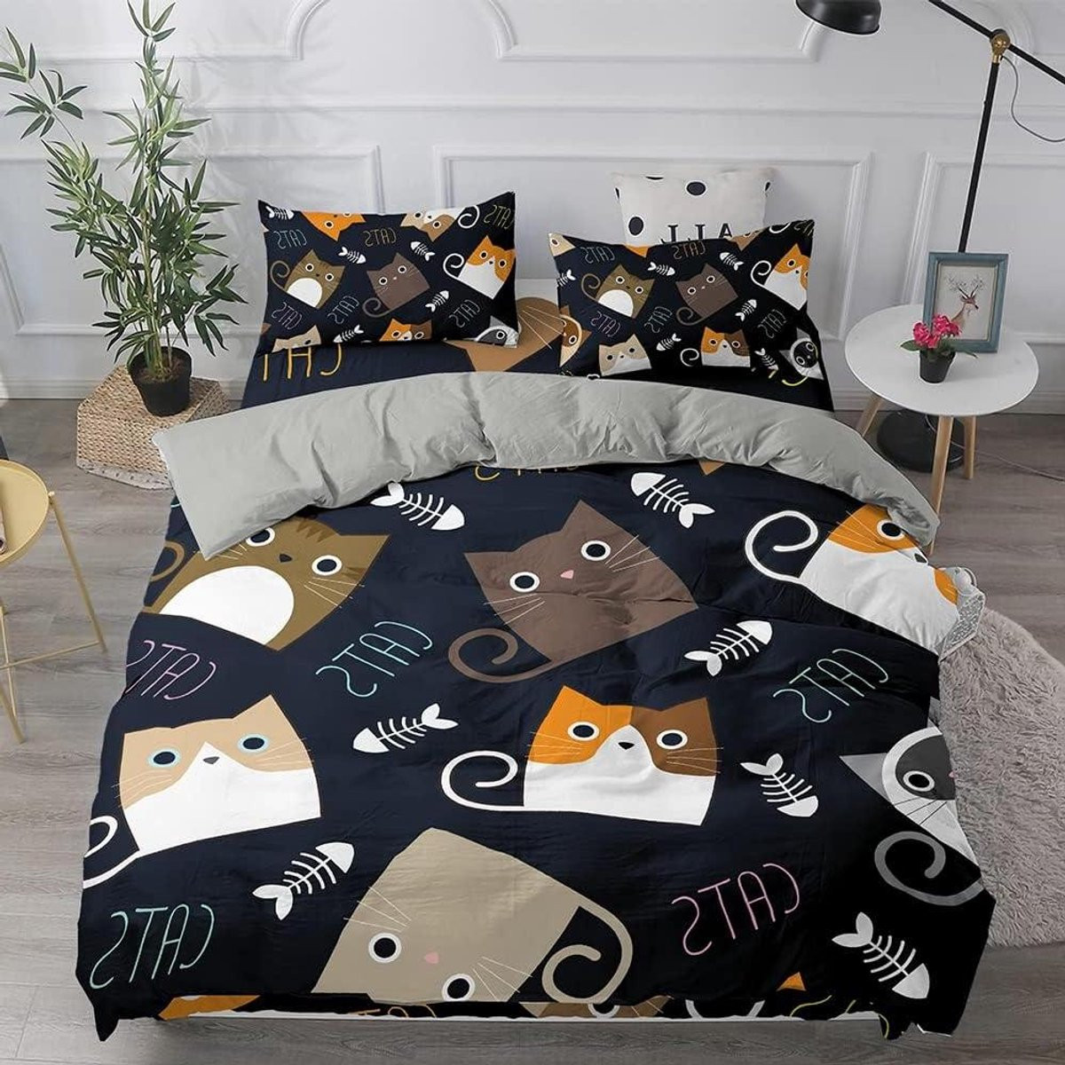 Omkeerbaar Dekbedovertrek Set voor Kinderbeddengoed - Zwart Grijs - 135x210 cm