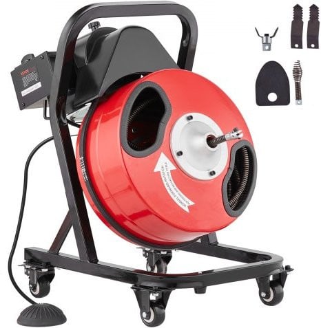 VEVOR Rioolreinigingsmachine met wielen, 15 meter x 1/2 inch, handmatige leidingreinigingsspiraal met 4 snijmessen en luchtgeactiveerde voetschakelaar, rood/zwart