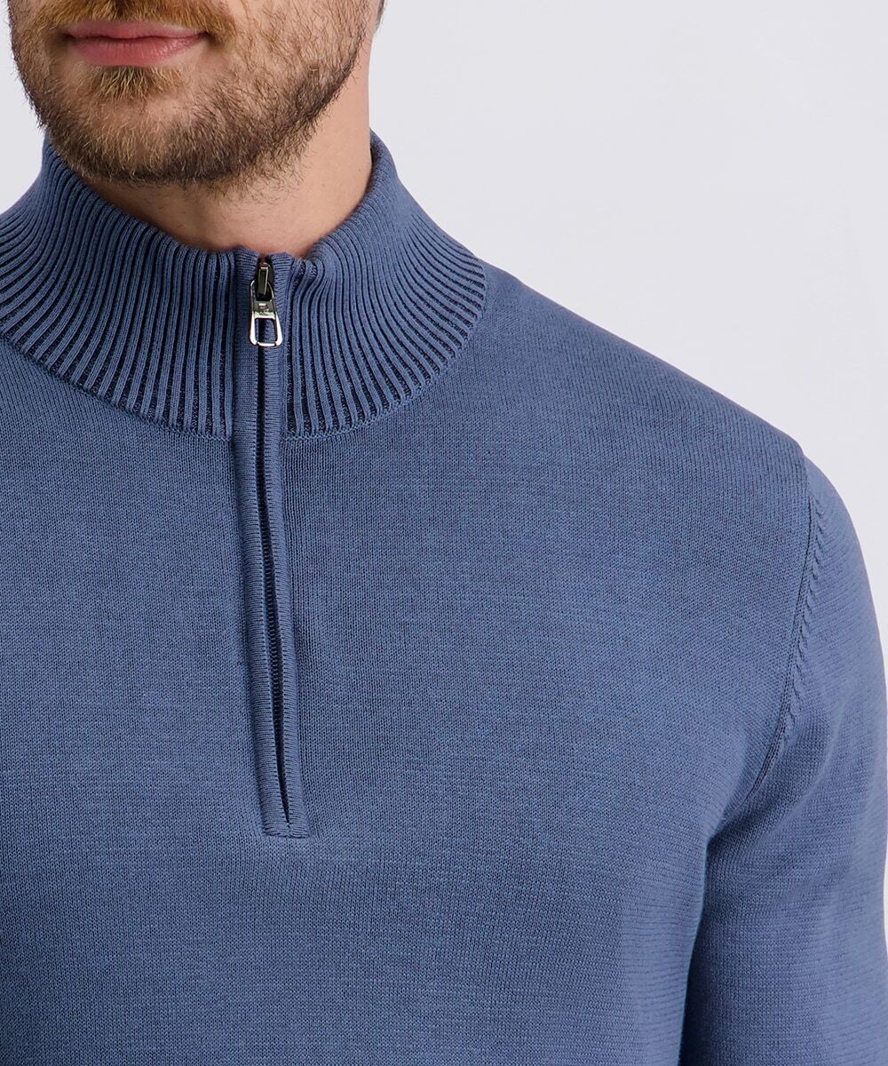 Strickpullover PIERRE CARDIN, Herren, Gr. M, blau (bering sea), Strick, Obermaterial: 100% Baumwolle, unifarben, regular fit normal, ohne Ausschnitt, Rippbündchen, Pullover Strickpullover, mit Troyer Kragen bering sea M