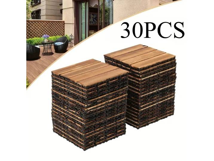 30 pièces bricolage plancher de verrouillage en bois massif, 11.81x1.81 pouces, facile à assembler et à couper, carrelage de jardin de balcon, carrelage en bois
