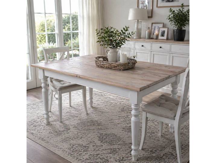 Gedrechselter Landhaus Esstisch weiß-braun, 160 cm