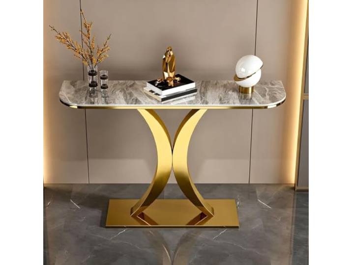 LJWFZBD Moderner Konsolentisch, Schmaler Eingangstisch mit Marmor-Optik Hochwertige Steinplatte, Stabile Metallkonstruktion, Platzsparend, Modern, Elegant(Gold+Gray1,47 (120cm))