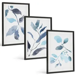 BILDER SET 3er Set - 40x60 cm Schwarzer Rahmen - Aquarell von blauen Blättern