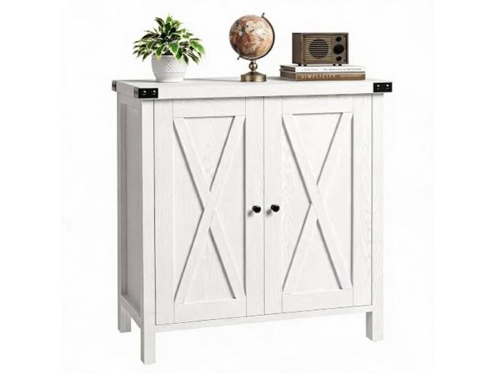 FairyLee Rustikales Landhaus-Sideboard Aus Eiche Mit 2 Scheunentüren Verstellbaren Ablagen 2 Schubladen Weiß