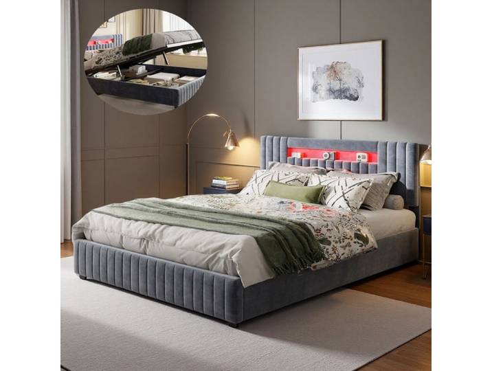 Lit 140x200 cm avec Rangement Lit Coffre avec LED Lit Capitonne avec Sommier à lattes Lit Ado Lit Adulte Velours Gris