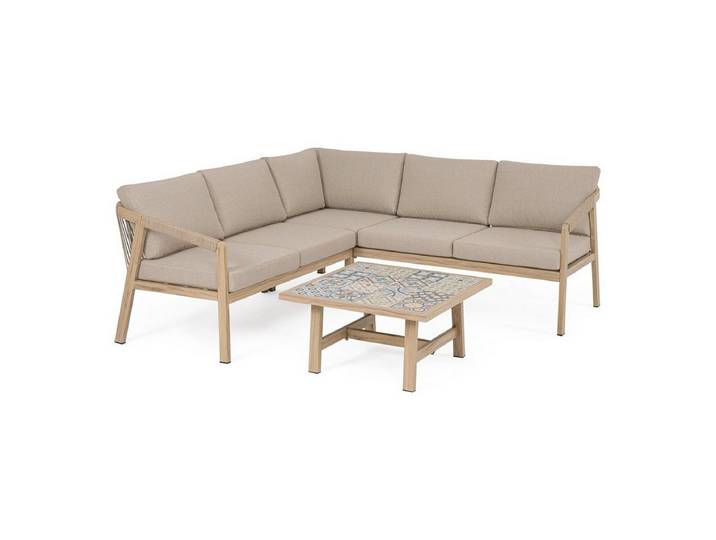 Feeling4Home Gartensofa Kalimera - Aluminium Desert Sand, Olefin Taupe, inkl. Couchtisch, Couchtisch mit emaillierten Porzellanfliesen aus Spanien (73x73x38 cm)