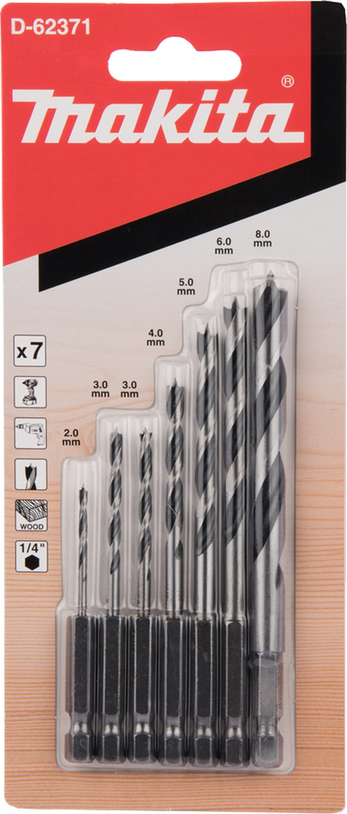 Makita set van 7 houten boorkoppen, 1/4 inch
