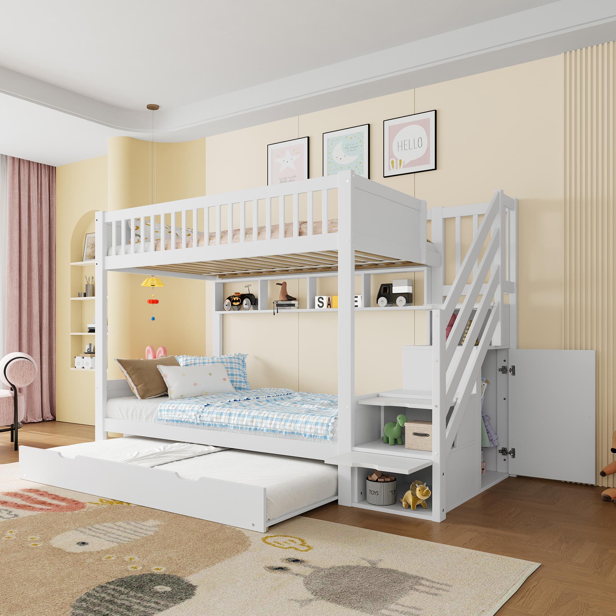 Etagenbett(Ohne Matratze),Kinderbett,mit Ausziehbett,mit Regal,mit Kleiderschrank,mit Staufach,90x200cm,Weiß