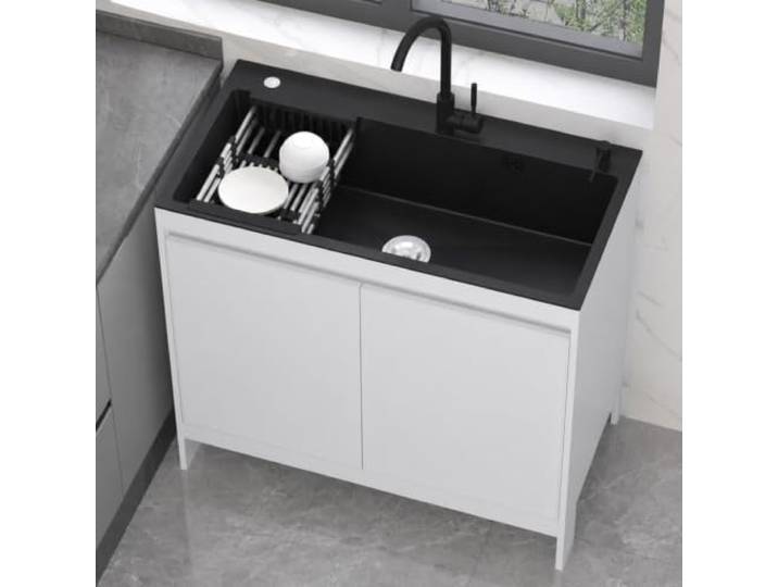 Outdoor Küchenspüle 80 cm mit Unterschrank & Wasserhahn - Platzsparende Freistehende Edelstahl Spüle für Terrasse, Camping, Waschküche & Garten