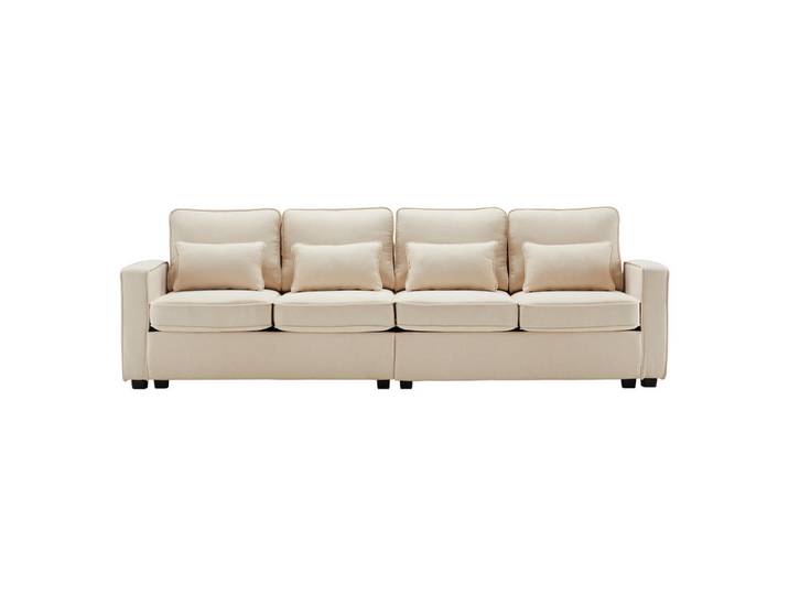 Flieks Sofa 4-Sitzer Leinenstoff Armlehnentaschen 4 Kissen Einfacher Stil, Beige, Holz, 71x27.5x55.5 cm, Wohnzimmer, Sofas & Couches, Sofas