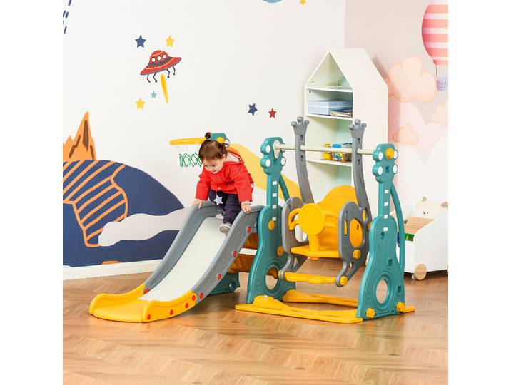 HOMCOM Toboggan 3-en-1 Enfants avec Balançoire et Panier, Bleu