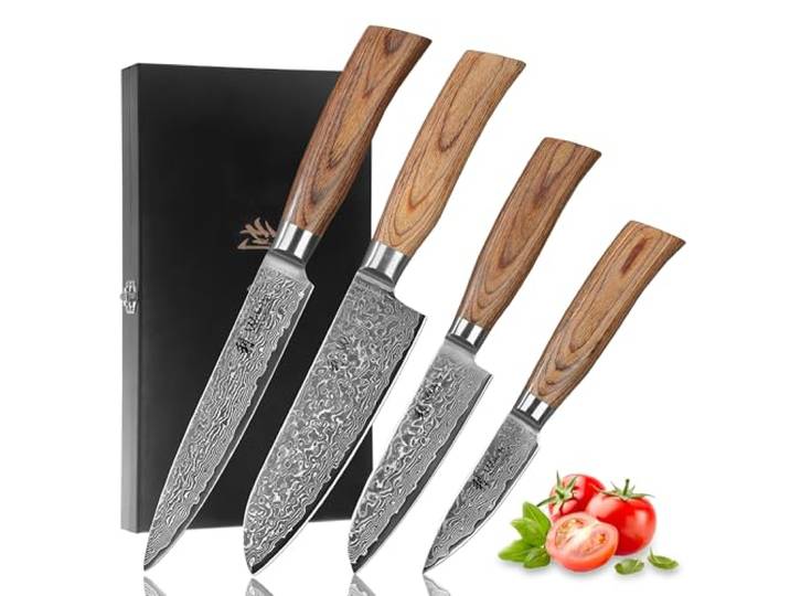 Wakoli 4er Damastmesser-Set mit VG10-Stahlkern und Pakkaholzgriffen EDIB Pro: Küchenmesserset aus 67 Stahllagen mit großem und kleinem Santoku, Fleischmesser und Officemesser, in einer Holzbox.
