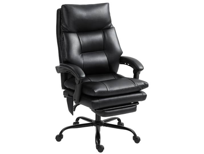 Chaise de bureau avec support lombaire gonflable, revêtement en PU, repose-pieds, dossier inclinable, hauteur réglable, noir