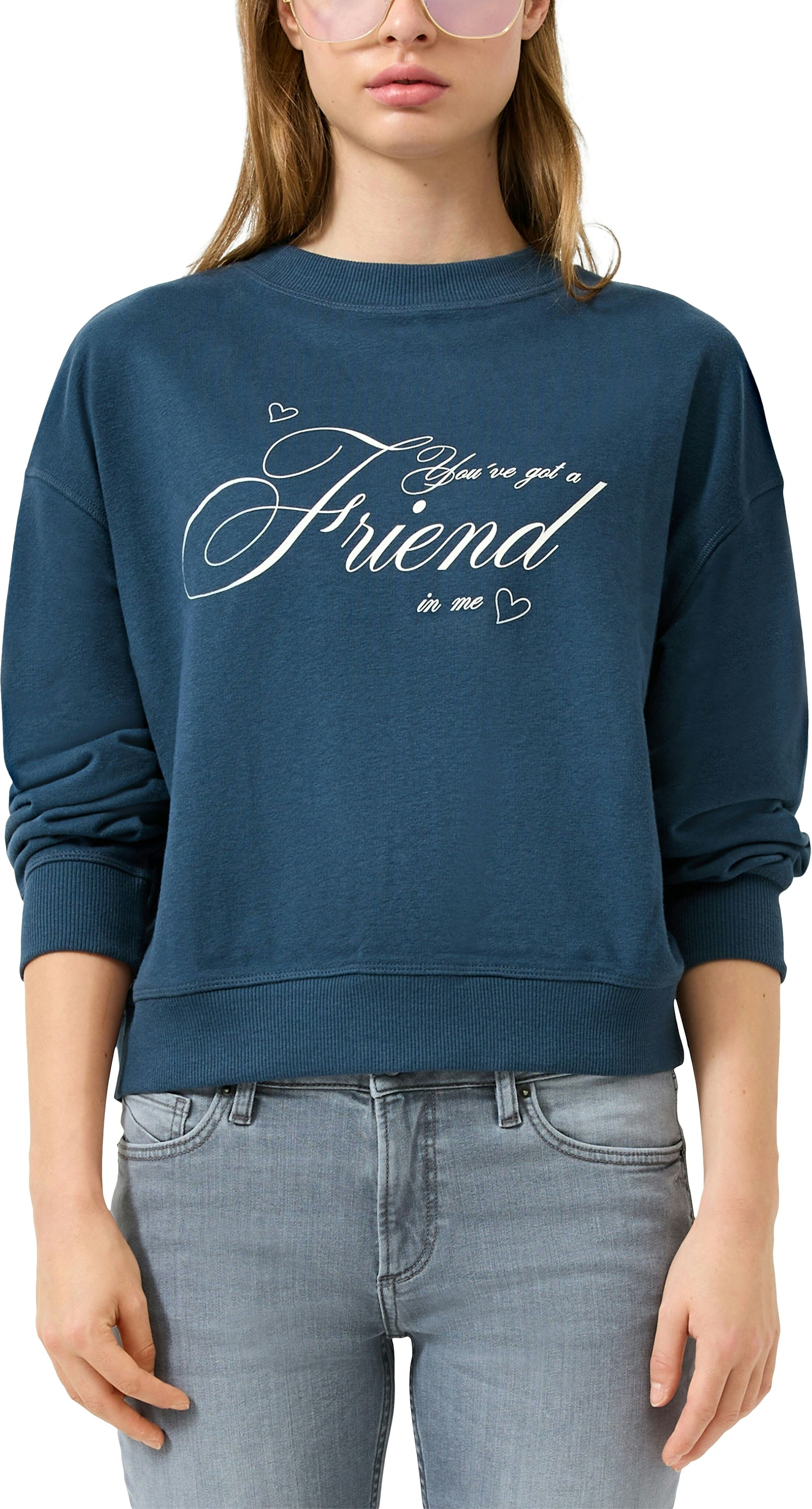 Sweater QS, Damen, Gr. M (38), blau, Sweatware, Obermaterial: 60% Baumwolle, 40% Polyester, bedruckt, normal hüftbedeckend, Rundhals, Bündchen, Sweatshirts Sweater, mit Frontprint/Letter-Print blau M (38)