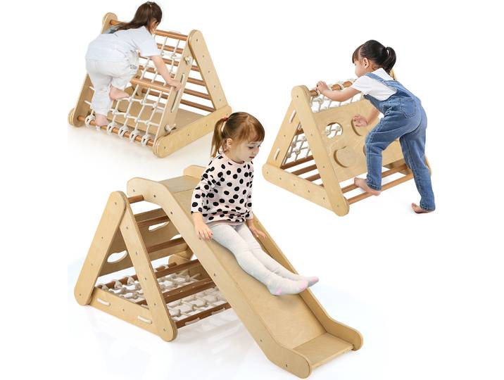 COSTWAY 4in1 Kletterdreieck indoor mit Rutsche&Klettern, Klettergerüst aus Holz, Sprossendreieck, Kletterspielzeug Kletterdreiecken für kinder 1+Natur