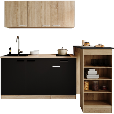 Pantryküche RESPEKTA "Ingrid, inkl. Tresentisch", braun (küche: schwarz, front: schwarz, eiche nordic, korpus: eiche nordic, arbeitsplatte: eiche nordic), B:150cm H:200cm T:60cm, Komplettküchen-Sets, zerlegt, wahlweise mit Kühlschrank,...