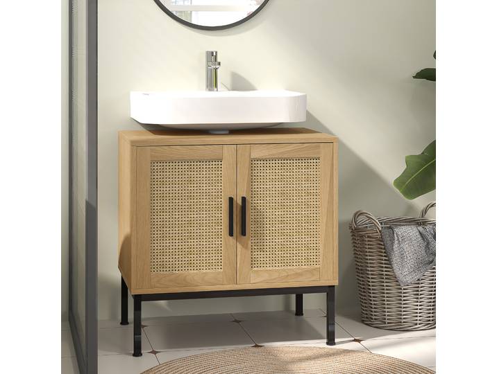 kleankin Meuble Sous Lavabo Rotin Chêne Design Boho Salle de Bain