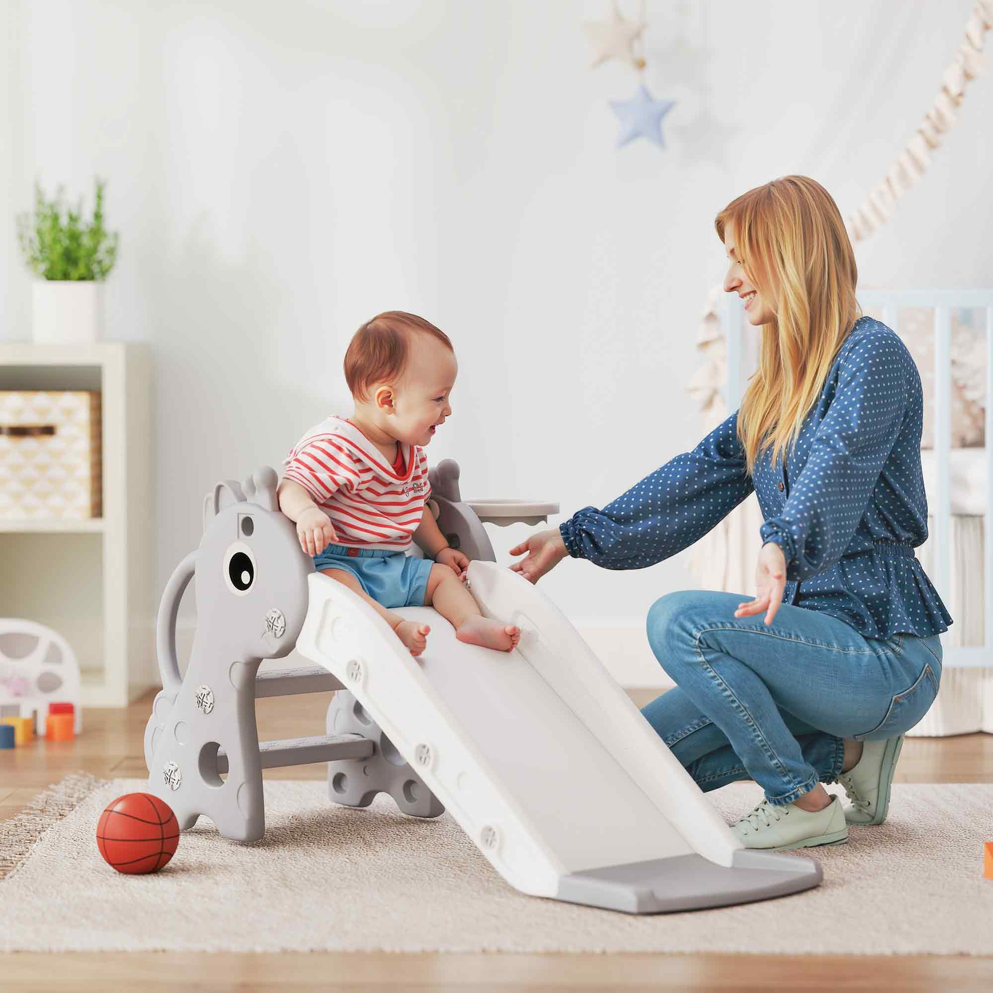Aiyaplay Scivolo 3-in-1 per bambini, forma giraffa, canestro da basket, palla, Grigio   Aosom Italy