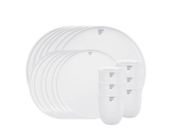 KPM Berlin LAB Dinner-Set, Geschirrset 6 Personen aus Porzellan,18-tlg 6 Becher, 6 kleine & 6 große Teller, weißes Tafelservice, modern, handmade, Porzellan-Set im Geschenkkarton
